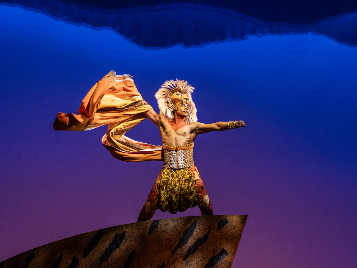 Vincent Jamal Hooper stands on Pride Rock in The Lion King on Broadway